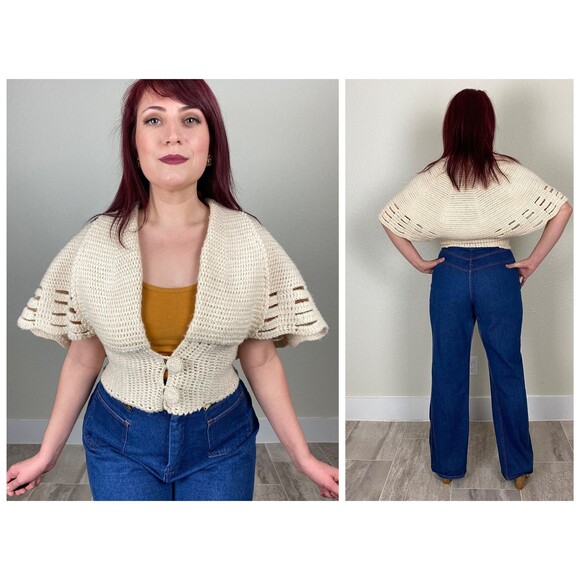 Size LVintage 1970s 70s Cropped Crochet Sweater Cardigan with Cutout Cape